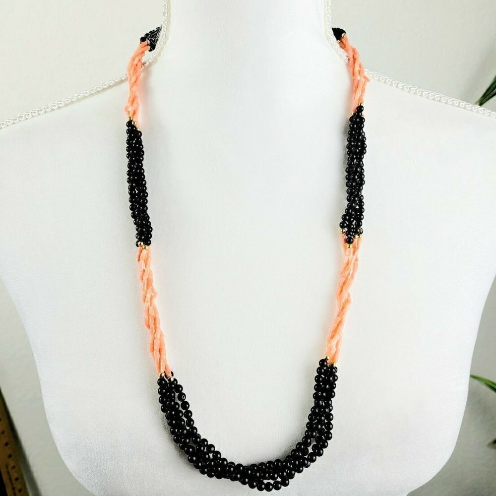 Vintage Black Agate & Angelskin Coral Multi-strand Necklace 28" 4Twisted Strands